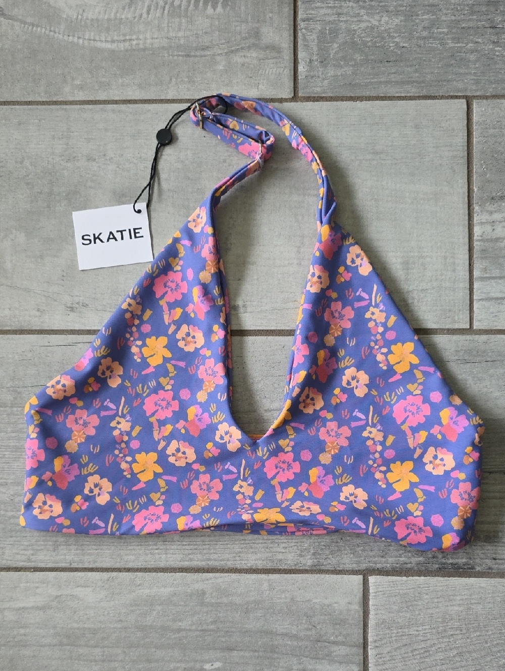 Skatie - LACEY top - Purple Floral Halter Top with Pink & Yellow Flowers